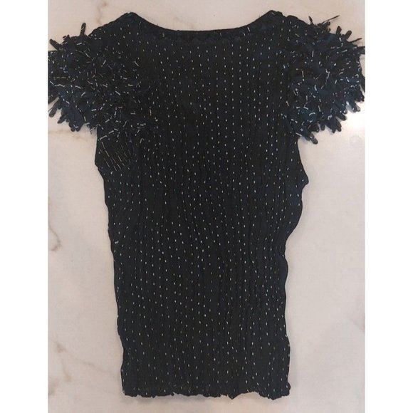 Kaelyn-N-Max Shredded Cap Sleeve Beaded V-neck Accordion Black Top-Lrg - Picture 3 of 8